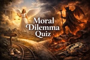 A high-contrast, elegant digital illustration for a personality quiz titled "How Evil Are You?" featuring a split scene of an angel with golden scales and a dark, horned figure in a fiery landscape. The foreground shows a trolley track with a bag of money and a discarded handgun, symbolizing ethical choices and moral dilemmas. Story Brunch logo included.