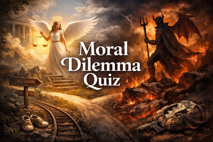 A high-contrast, elegant digital illustration for a personality quiz titled "How Evil Are You?" featuring a split scene of an angel with golden scales and a dark, horned figure in a fiery landscape. The foreground shows a trolley track with a bag of money and a discarded handgun, symbolizing ethical choices and moral dilemmas. Story Brunch logo included.