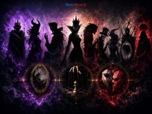 Abstract gothic fantasy artwork showing a lineup of shadowy villain-like figures behind three symbolic emblems: a cracked mirror, puppet strings controlling a chess pawn, and a fractured heart, with a small StoryBrunch watermark at the top.