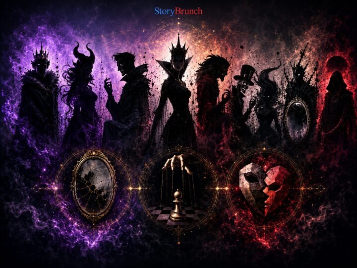 Abstract gothic fantasy artwork showing a lineup of shadowy villain-like figures behind three symbolic emblems: a cracked mirror, puppet strings controlling a chess pawn, and a fractured heart, with a small StoryBrunch watermark at the top.