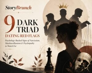 Editorial featured image for StoryBrunch showing the headline “9 Dark Triad Dating Red Flags” beside a moody conceptual scene with a woman in profile, shadowy male silhouettes, a chess king, puppet strings, and a cracked mask, symbolizing narcissism, manipulation, and psychopathy.