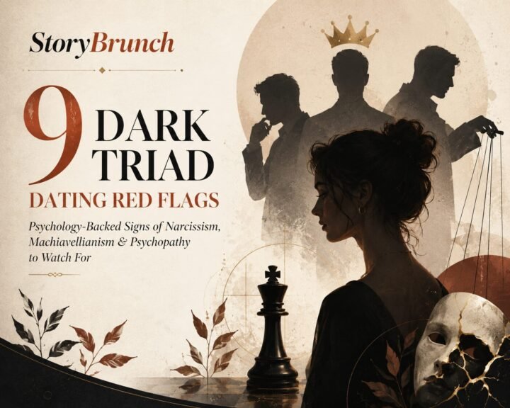 Editorial featured image for StoryBrunch showing the headline “9 Dark Triad Dating Red Flags” beside a moody conceptual scene with a woman in profile, shadowy male silhouettes, a chess king, puppet strings, and a cracked mask, symbolizing narcissism, manipulation, and psychopathy.