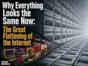 Conceptual illustration of the internet becoming visually uniform, with colorful creative web elements being compressed into an endless grid of identical social media-style cards, alongside the title “Why Everything Looks the Same Now: The Great Flattening of the Internet” and the STORY BRUNCH wordmark.