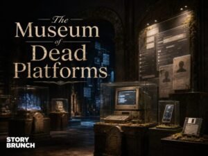 Dark museum gallery showing obsolete computers, phones and digital platform relics in glass cases, with the title “The Museum of Dead Platforms” and STORY BRUNCH wordmark.