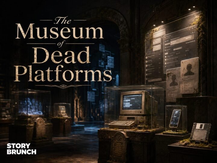 Dark museum gallery showing obsolete computers, phones and digital platform relics in glass cases, with the title “The Museum of Dead Platforms” and STORY BRUNCH wordmark.