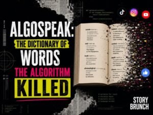 Open dictionary dissolving into digital glitches beside bold text reading “Algospeak: The Dictionary of Words the Algorithm Killed,” with social media icons and STORY BRUNCH wordmark.