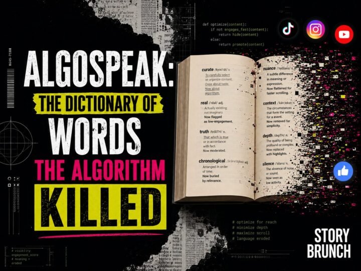 Open dictionary dissolving into digital glitches beside bold text reading “Algospeak: The Dictionary of Words the Algorithm Killed,” with social media icons and STORY BRUNCH wordmark.