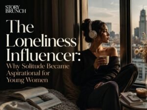 A cinematic editorial image of a young woman sitting alone by a high-rise window with headphones and coffee, looking out at the city beside the title “The Loneliness Influencer.”