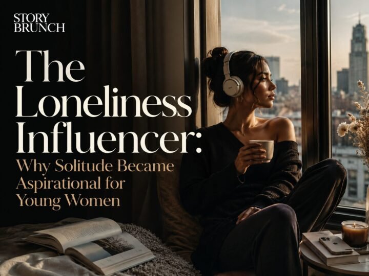 A cinematic editorial image of a young woman sitting alone by a high-rise window with headphones and coffee, looking out at the city beside the title “The Loneliness Influencer.”