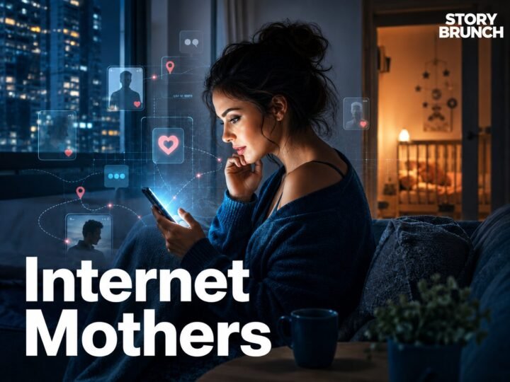 Single mother using a dating app on her smartphone at night, surrounded by floating profiles and heart icons, with her child’s warmly lit nursery in the background.