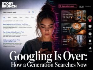 Young woman using a smartphone between traditional web search results and a neon social-video feed, illustrating how a generation is moving from Google searches to social search.