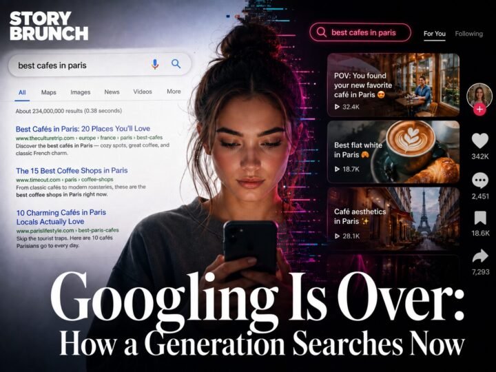 Young woman using a smartphone between traditional web search results and a neon social-video feed, illustrating how a generation is moving from Google searches to social search.