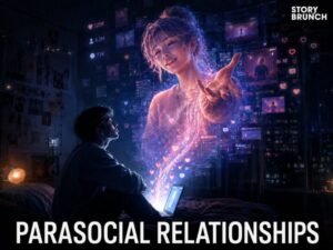Young person gazing at a glowing holographic influencer emerging from a laptop, surrounded by hearts and social-media notifications, illustrating parasocial relationships.