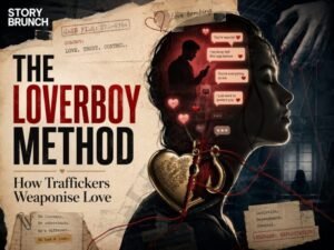 Conceptual illustration of a woman surrounded by deceptive love messages, red control strings and a heart-shaped locket turning into a hook, with the title “The Loverboy Method: How Traffickers Weaponise Love.”