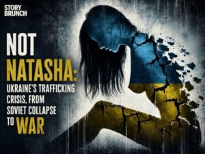 Fragmented silhouette of a Ukrainian woman in blue and yellow beside the title “Not Natasha: Ukraine’s Trafficking Crisis, From Soviet Collapse to War” and the STORY BRUNCH wordmark.