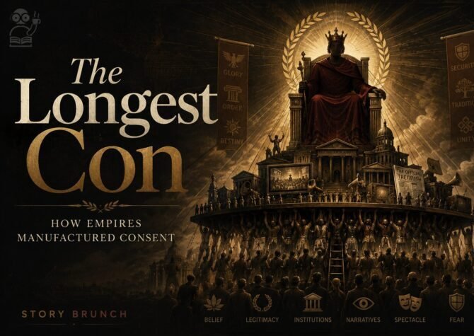 Featured image for an article on manufactured consent with words 'The Longest Con' mentioned and image of an emperor on a throne in background.