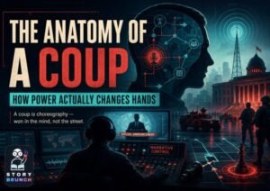 Story Brunch poster titled “The Anatomy of a Coup” showing a control room, military vehicles, a government building, a broadcast tower, and a human profile filled with media and strategy icons, illustrating how power changes hands through coordination and narrative control.