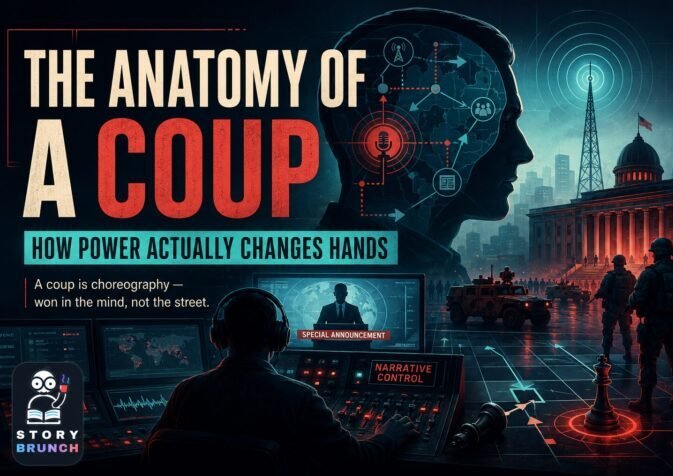 Story Brunch poster titled “The Anatomy of a Coup” showing a control room, military vehicles, a government building, a broadcast tower, and a human profile filled with media and strategy icons, illustrating how power changes hands through coordination and narrative control.