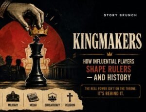 Story Brunch featured image titled “Kingmakers” showing a hand placing a crown on a black chess king in front of a throne, with shadowy political figures, government buildings, and icons for wealth, military, media, bureaucracy, and religion representing hidden power behind rulers.