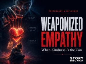 Cinematic Story Brunch poster titled “Weaponized Empathy” showing a shadowy manipulator controlling a glowing chained heart with red strings, a vulnerable person below, emotional debt imagery, and the subtitle “When Kindness Is the Con.”