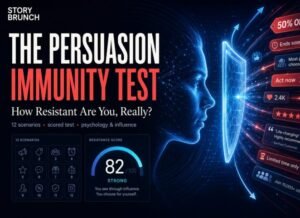 Featured image for Story Brunch titled “The Persuasion Immunity Test” showing a glowing human face protected by a digital shield against persuasive messages like discounts, social proof, urgency, ratings, and calls to action.