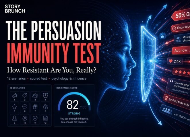 Featured image for Story Brunch titled “The Persuasion Immunity Test” showing a glowing human face protected by a digital shield against persuasive messages like discounts, social proof, urgency, ratings, and calls to action.