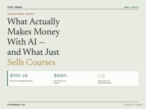 Story Brunch featured graphic titled "What Actually Makes Money With AI — and What Just Sells Courses," with three figures: $500–1K realistic beginner monthly income, $40M+ in FTC-shut AI scams, and the question "how does the teller get paid?"