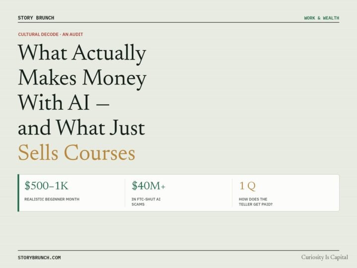 Story Brunch featured graphic titled "What Actually Makes Money With AI — and What Just Sells Courses," with three figures: $500–1K realistic beginner monthly income, $40M+ in FTC-shut AI scams, and the question "how does the teller get paid?"