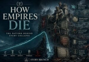 Featured image showing a crumbling empire with classical ruins, a falling Seneca cliff graph, and labels for overstretch, debased money, elite capture, broken story, and sclerosis, with STORY BRUNCH watermark.