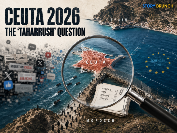 Editorial map of the Ceuta 2026 migration crisis showing the Spain–Morocco border, migrant silhouettes, evidence papers and a magnifying glass.