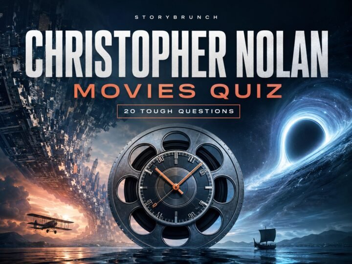 Christopher Nolan Movies Quiz image with a film-reel clock, folding city, black hole, biplane and ancient ship for 20 tough questions.