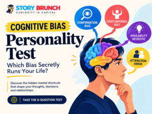 Cognitive bias personality test featured image showing a stylized human mind with branching decision paths representing confirmation bias, overconfidence bias, availability bias and attribution-based thinking.