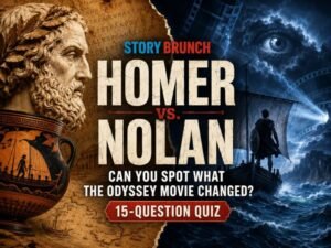 Homer vs. Nolan quiz image with a marble bust and Greek vase representing Homer's Odyssey beside a stormy movie scene featuring an ancient ship and Cyclops eye.