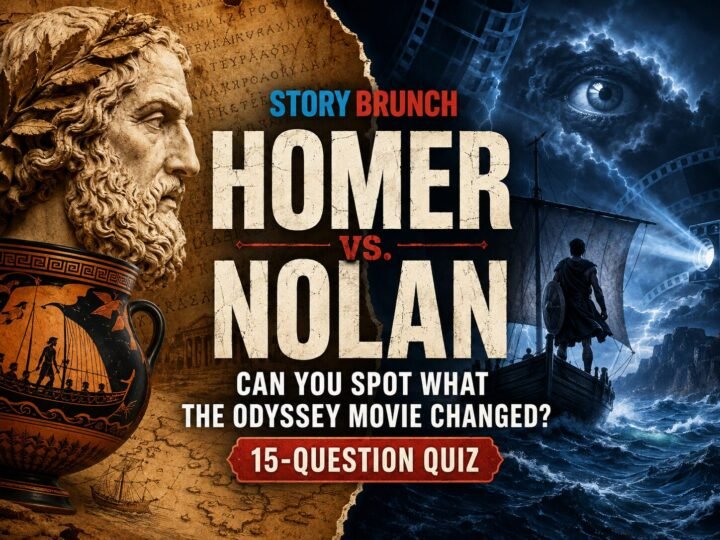 Homer vs. Nolan quiz image with a marble bust and Greek vase representing Homer's Odyssey beside a stormy movie scene featuring an ancient ship and Cyclops eye.