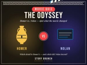 Split graphic for a Homer vs. Nolan Odyssey quiz: a Greek amphora on one side, a film clapperboard on the other, with a "VS" medallion, on Story Brunch.