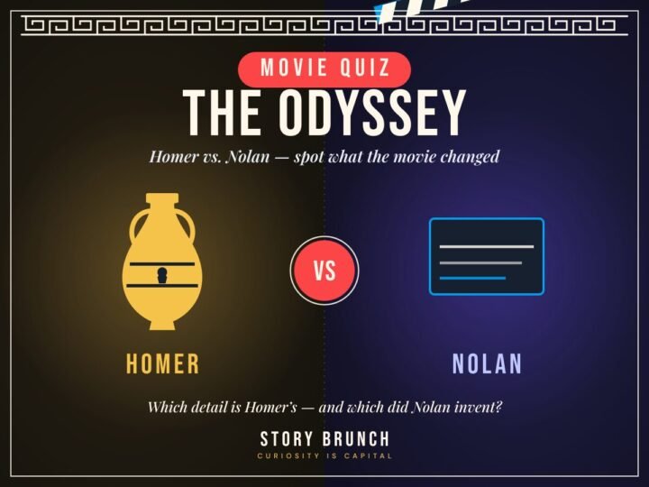 Split graphic for a Homer vs. Nolan Odyssey quiz: a Greek amphora on one side, a film clapperboard on the other, with a "VS" medallion, on Story Brunch.