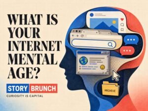 Internet Mental Age Quiz illustration showing a profile filled with search, social media and old-web symbols by STORYBRUNCH.