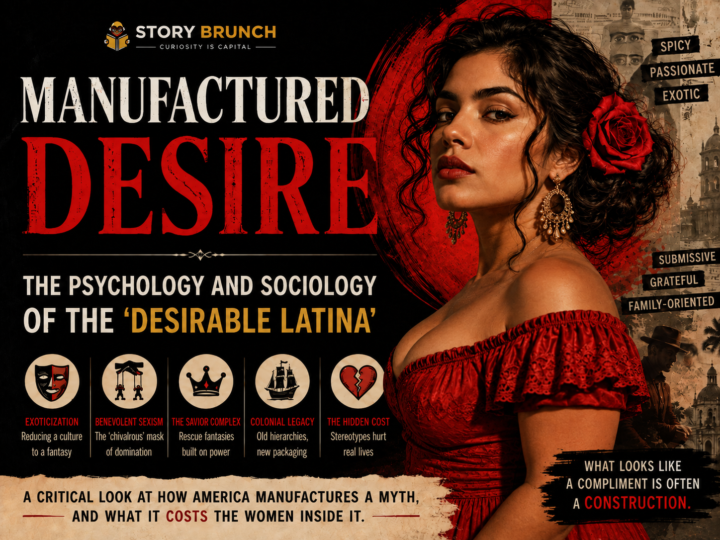 Latina beauty and media stereotypes featured image for Story Brunch showing an elegant Latina woman alongside themes of psychology, sociology, cultural representation, identity and manufactured perceptions of desirability.