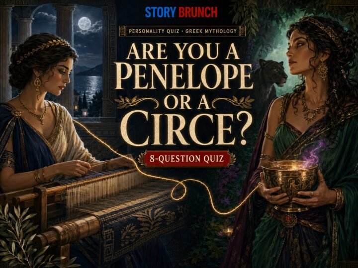 Are You a Penelope or a Circe Greek mythology personality quiz image showing Penelope weaving at a loom and Circe holding a magical cup, with STORY BRUNCH branding.