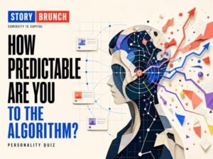 How Predictable Are You to the Algorithm quiz illustration showing a human profile mapped with prediction lines and digital behaviour signals.