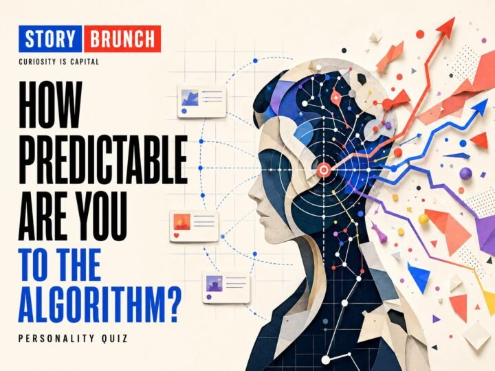 How Predictable Are You to the Algorithm quiz illustration showing a human profile mapped with prediction lines and digital behaviour signals.