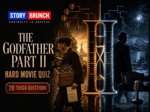 The Godfather Part II quiz image showing two contrasting timelines, fictional crime-family figures, a film-strip Roman numeral II and 20 tough movie questions.