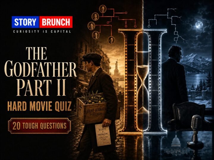 The Godfather Part II quiz image showing two contrasting timelines, fictional crime-family figures, a film-strip Roman numeral II and 20 tough movie questions.