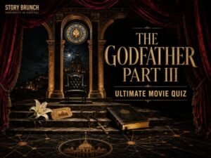 The Godfather Part III quiz artwork featuring crimson opera curtains, an empty chair, Sicilian cathedral, rosary and golden financial network.