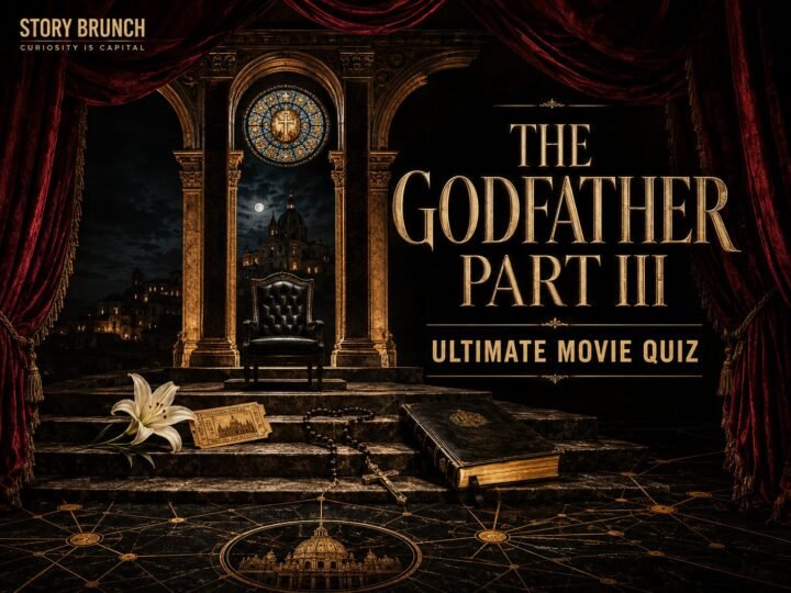 The Godfather Part III quiz artwork featuring crimson opera curtains, an empty chair, Sicilian cathedral, rosary and golden financial network.