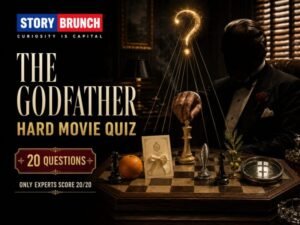 The Godfather quiz image featuring a shadowed crime patriarch, chessboard, orange, fish, wedding invitation and golden question mark for 20 hard movie trivia questions.