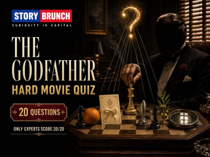 The Godfather quiz image featuring a shadowed crime patriarch, chessboard, orange, fish, wedding invitation and golden question mark for 20 hard movie trivia questions.