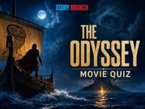 The Odyssey Movie Quiz featured image showing a warrior aboard an ancient ship sailing across a moonlit sea beneath a giant eye in storm clouds.