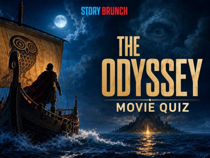 The Odyssey Movie Quiz featured image showing a warrior aboard an ancient ship sailing across a moonlit sea beneath a giant eye in storm clouds.