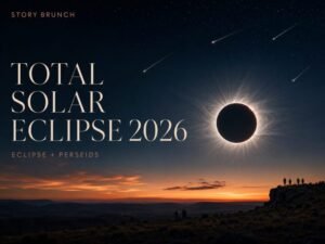 Total solar eclipse above a Spanish landscape at sunset transitioning into a dark sky filled with Perseid meteors.